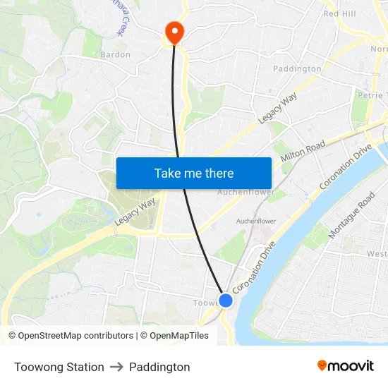 Toowong Station to Paddington map