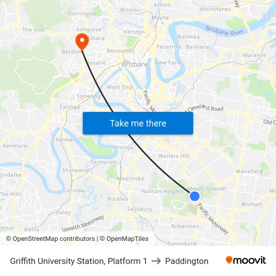 Griffith University Station, Platform 1 to Paddington map