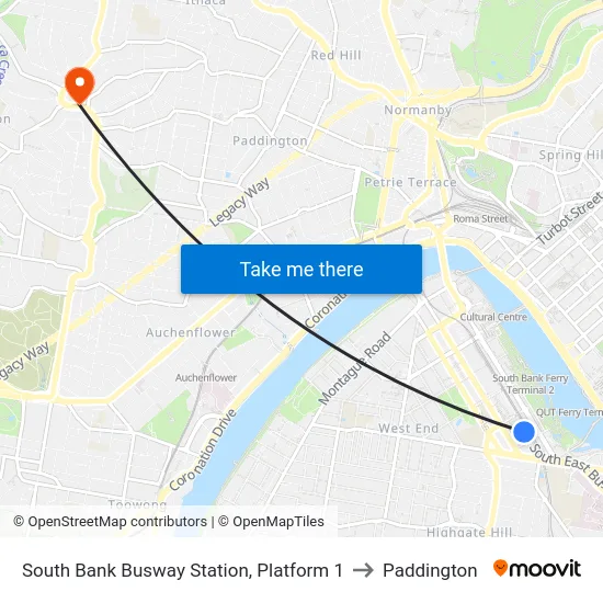 South Bank Busway Station, Platform 1 to Paddington map