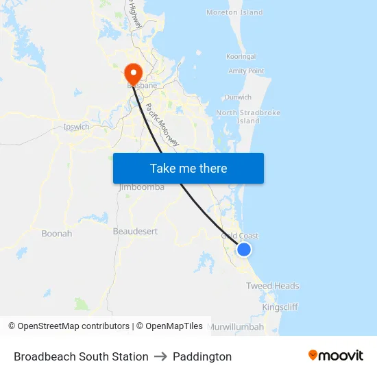 Broadbeach South Station to Paddington map