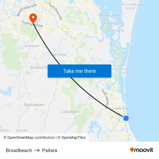 Broadbeach to Pallara map