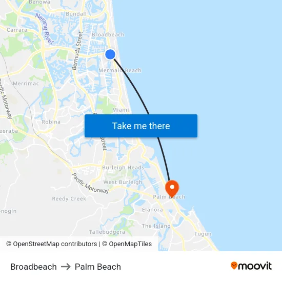 Broadbeach to Palm Beach map