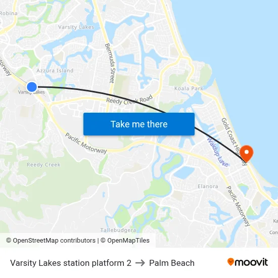 Varsity Lakes station platform 2 to Palm Beach map