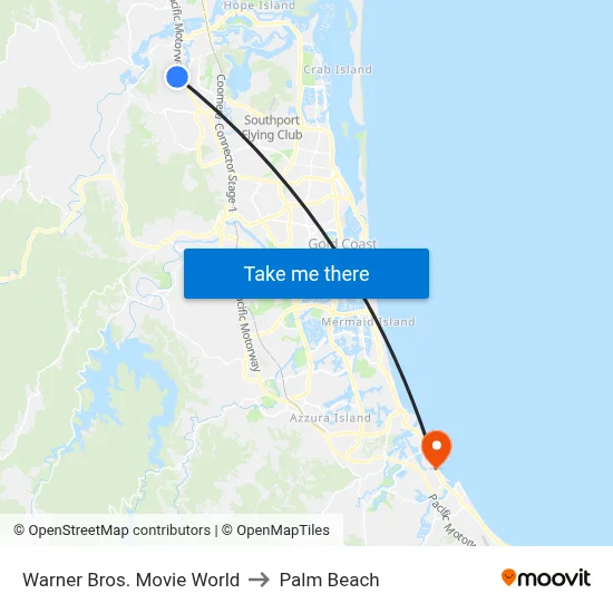 Warner Bros. Movie World to Palm Beach map