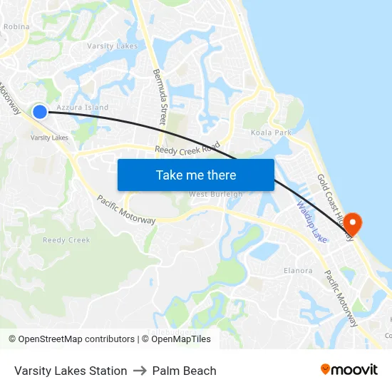 Varsity Lakes Station to Palm Beach map