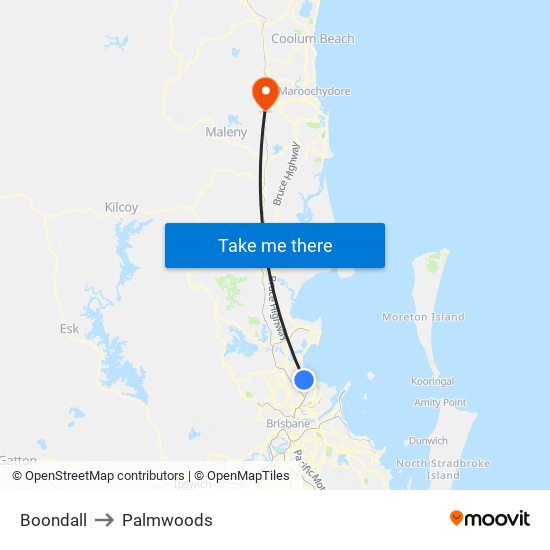 Boondall to Palmwoods map