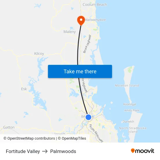 Fortitude Valley to Palmwoods map