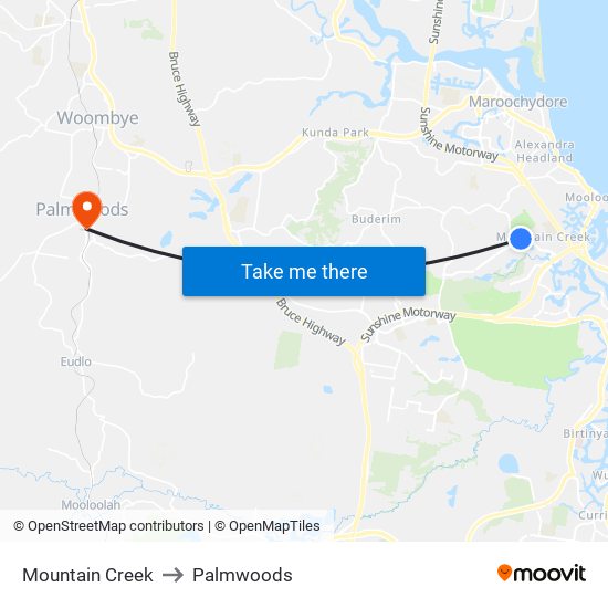 Mountain Creek to Palmwoods map