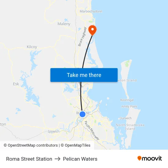 Roma Street Station to Pelican Waters map