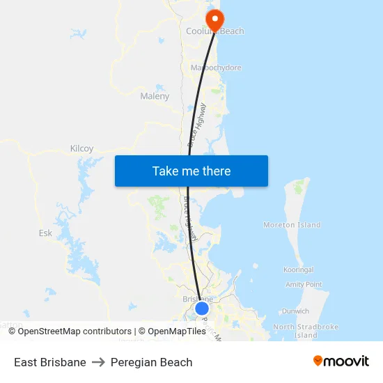 East Brisbane to Peregian Beach map