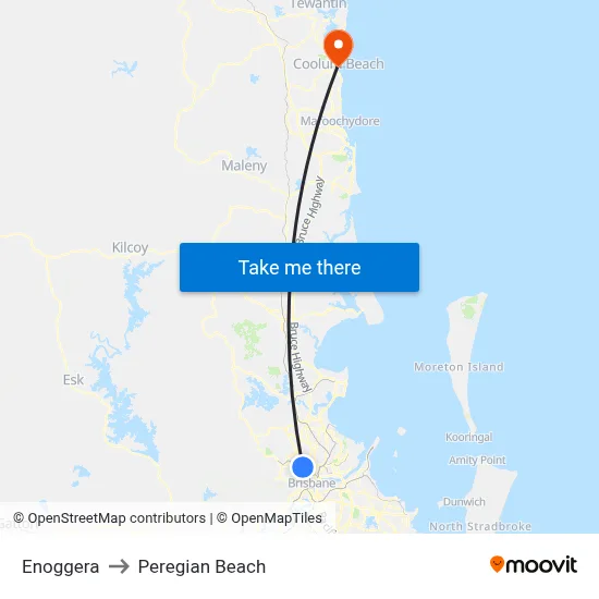 Enoggera to Peregian Beach map