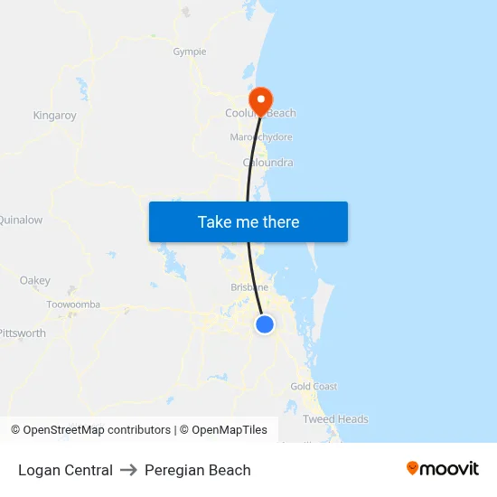 Logan Central to Peregian Beach map