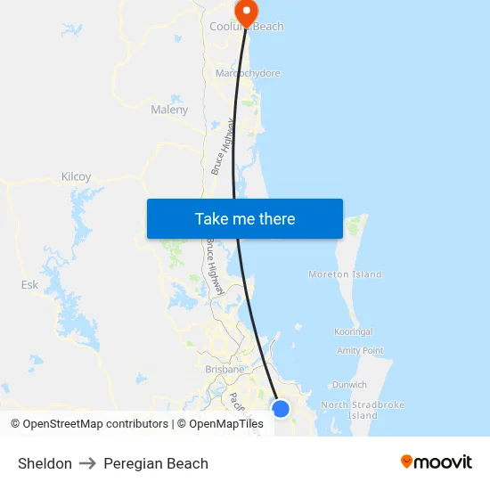 Sheldon to Peregian Beach map