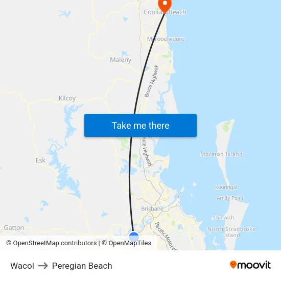 Wacol to Peregian Beach map