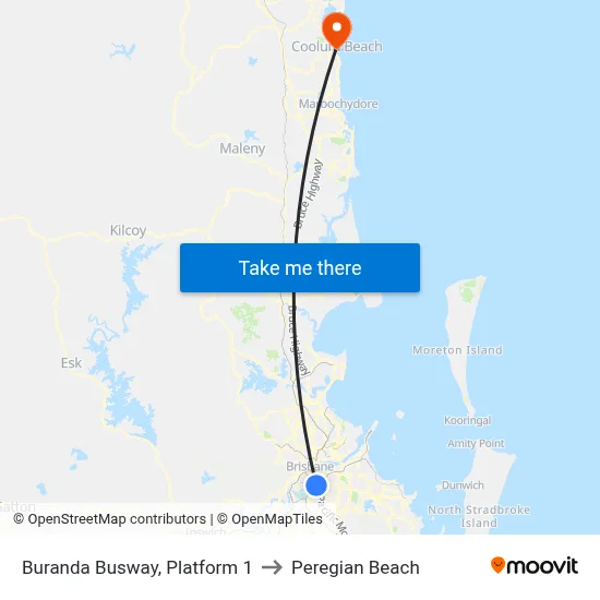 Buranda Busway, Platform 1 to Peregian Beach map