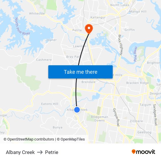 Albany Creek to Petrie map