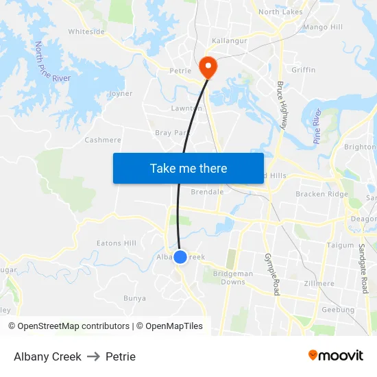 Albany Creek to Petrie map