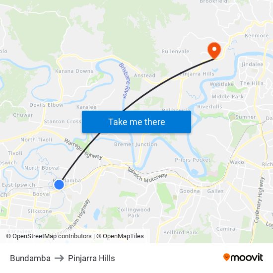Bundamba to Pinjarra Hills map
