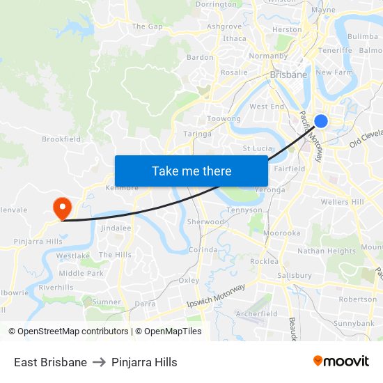 East Brisbane to Pinjarra Hills map