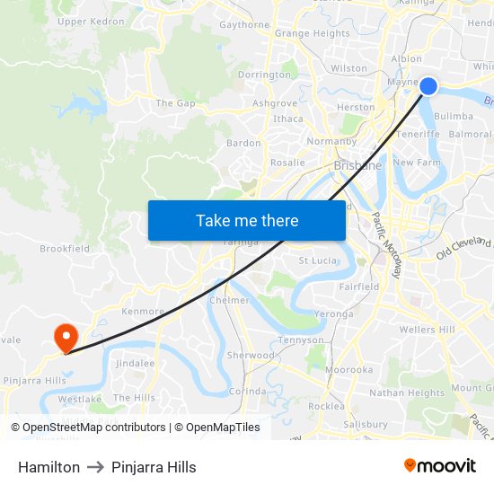 Hamilton to Pinjarra Hills map