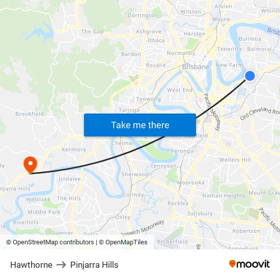 Hawthorne to Pinjarra Hills map