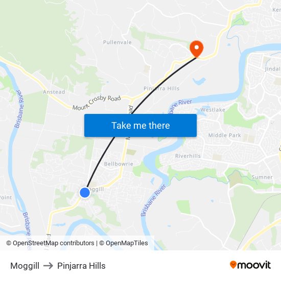 Moggill to Pinjarra Hills map