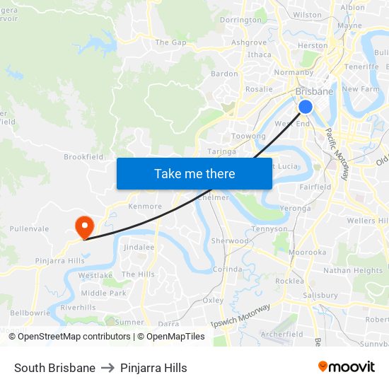 South Brisbane to Pinjarra Hills map
