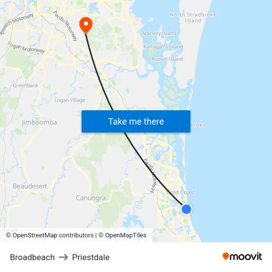 Broadbeach to Priestdale map