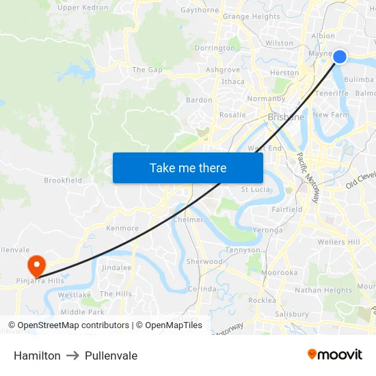 Hamilton to Pullenvale map