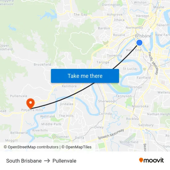 South Brisbane to Pullenvale map