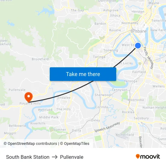 South Bank Station to Pullenvale map