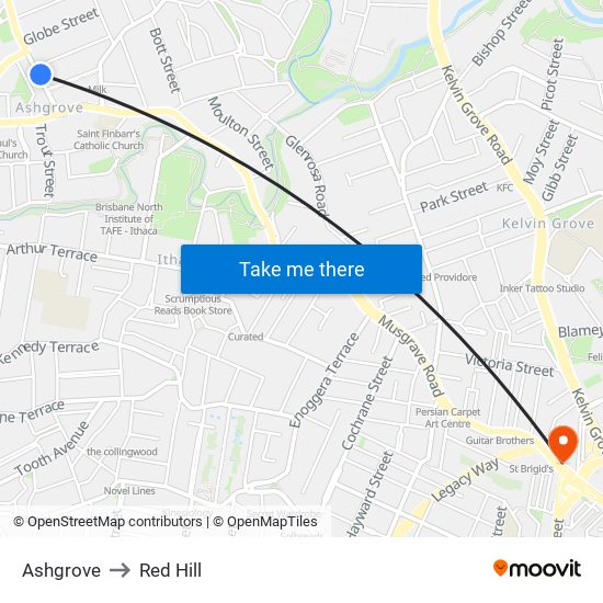 Ashgrove to Red Hill map