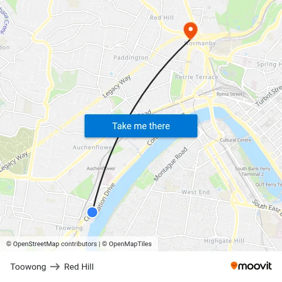Toowong to Red Hill map