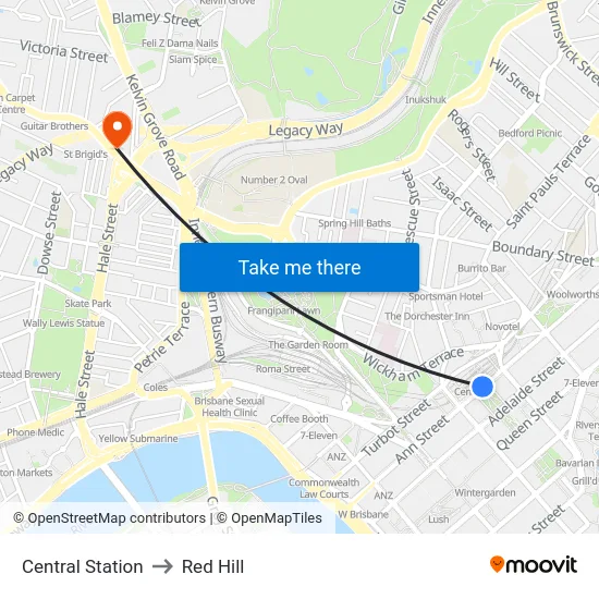 Central Station to Red Hill map