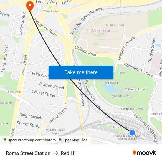 Roma Street Station to Red Hill map