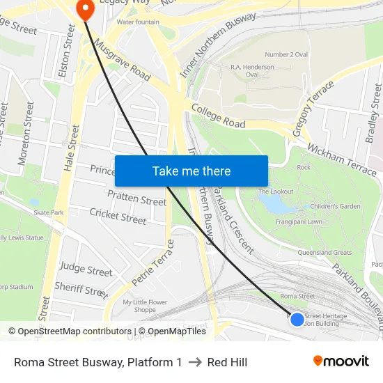 Roma Street Busway, Platform 1 to Red Hill map