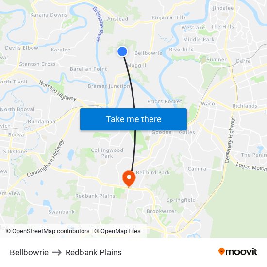 Bellbowrie to Redbank Plains map