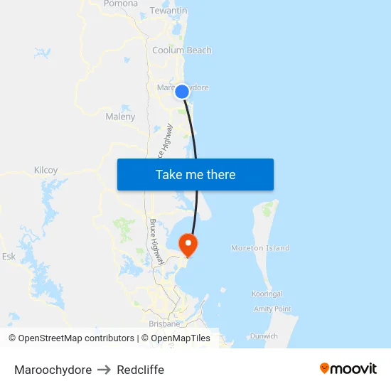 Maroochydore to Redcliffe map
