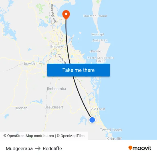 Mudgeeraba to Redcliffe map