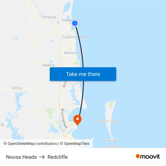 Noosa Heads to Redcliffe map