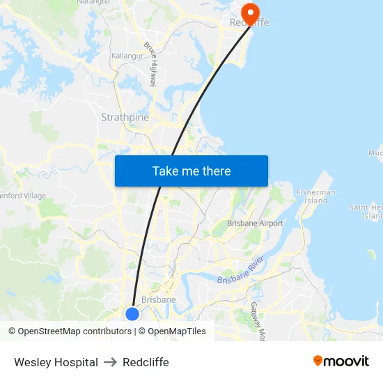 Wesley Hospital to Redcliffe map