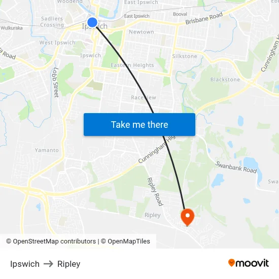 Ipswich to Ripley map
