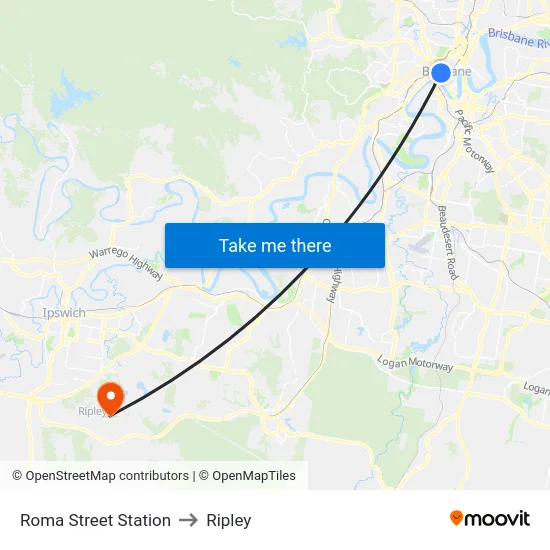 Roma Street Station to Ripley map