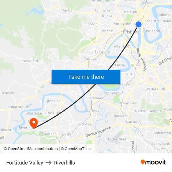 Fortitude Valley to Riverhills map