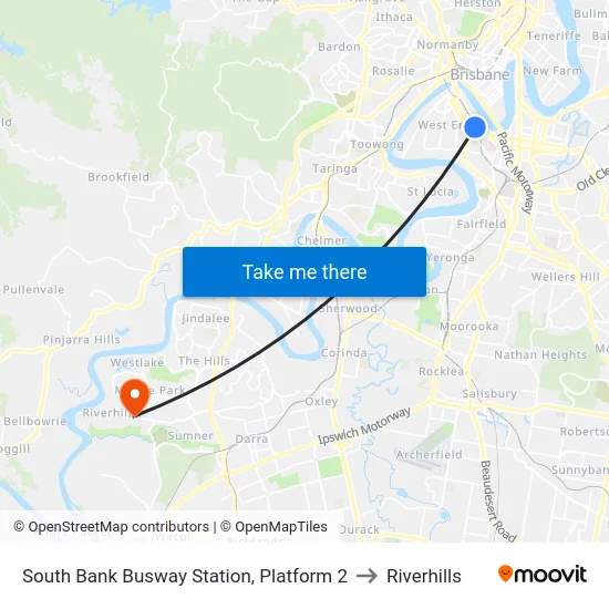 South Bank Busway Station, Platform 2 to Riverhills map