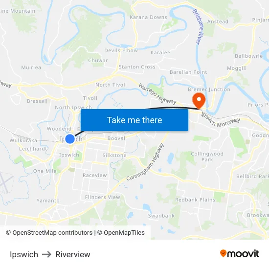Ipswich to Riverview map