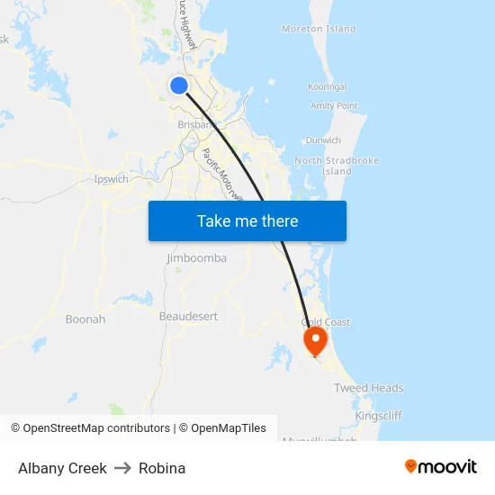 Albany Creek to Robina map