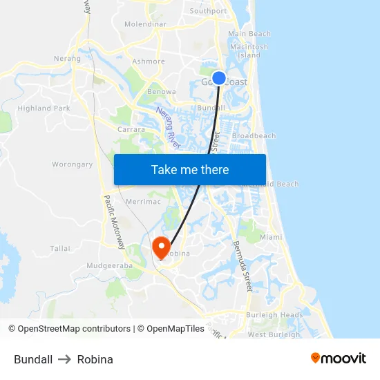 Bundall to Robina map