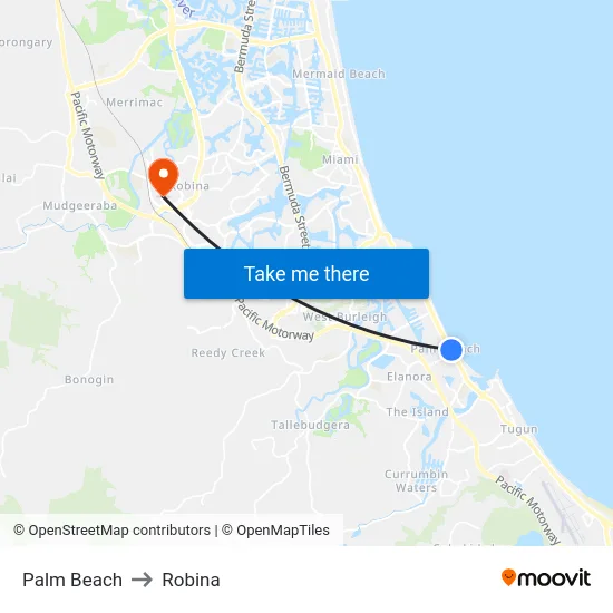 Palm Beach to Robina map