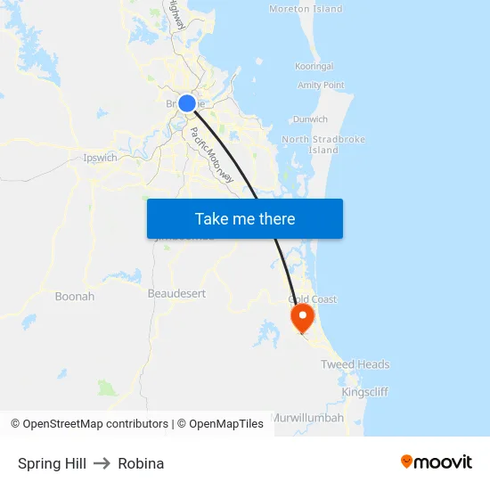 Spring Hill to Robina map